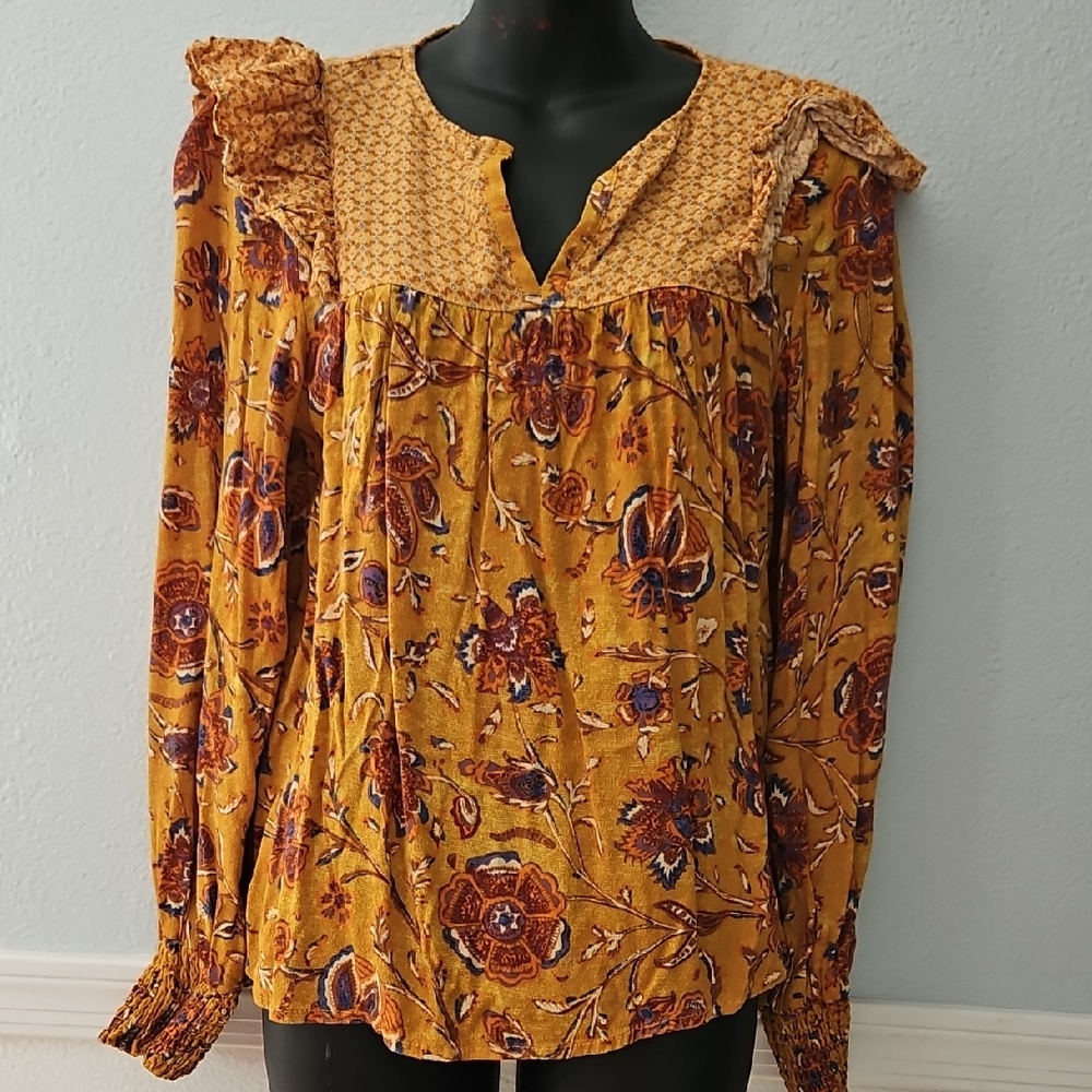 Floral Ruffle Women's Top - Mustard
